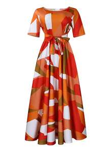 Soleil Women's 2026 New Style Elegant Lace-Up Plus Size Short Sleeve Flared Dress - lưới vuông - Xem 2