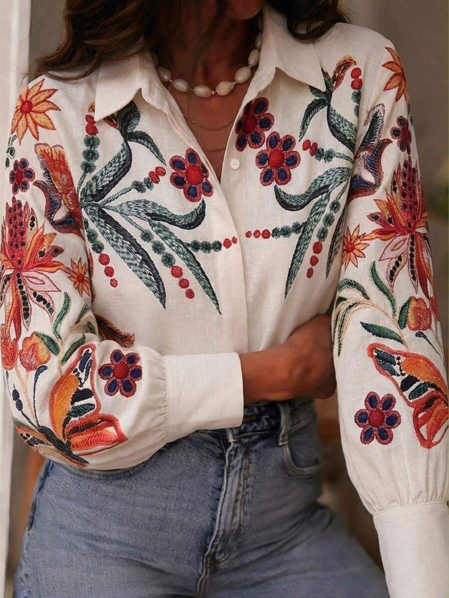 Camisa de mujer con estampado digital para primavera/verano, elegante y casual, cárdigan suelto de manga larga con solapa, versátil para uso diario, ir al trabajo, vacaciones - Albaricoque - Ver 1