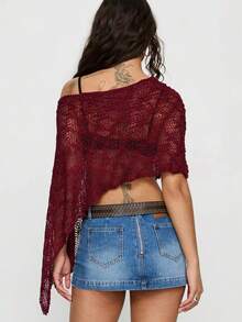 Women's Sheer Knit Poncho Top Solid Boat Neck Color Off Shoulder Asymmetrical Cape Crop Blouse Lightweight See Through Loose Cover Up Beach Summer Party Top Casual Beach Vacation Wear - 酒紅色 - 查看 3