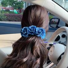 Vintage Denim Blue High-End Rose Flower Hair Clip Banana Clip Ins Style Back Of Head Updo Shark Clip - Denim Blue Rose 3.94inch Banana Clip - View 4