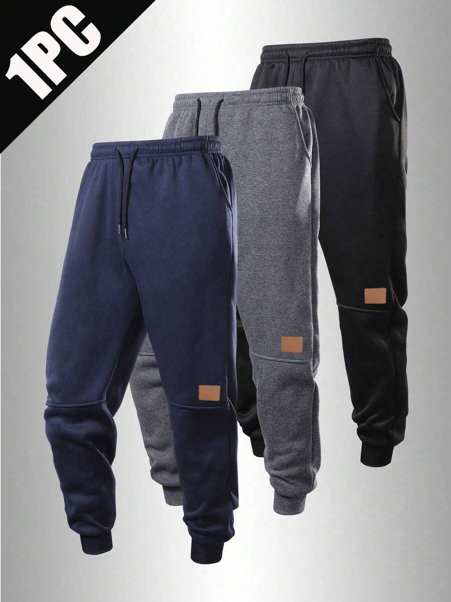 1pc Men's All-Season Sports Jogging Pants, With Adjustable Drawstring, Side Pockets And Patch Logo Design, Suitable For Fitness, Running