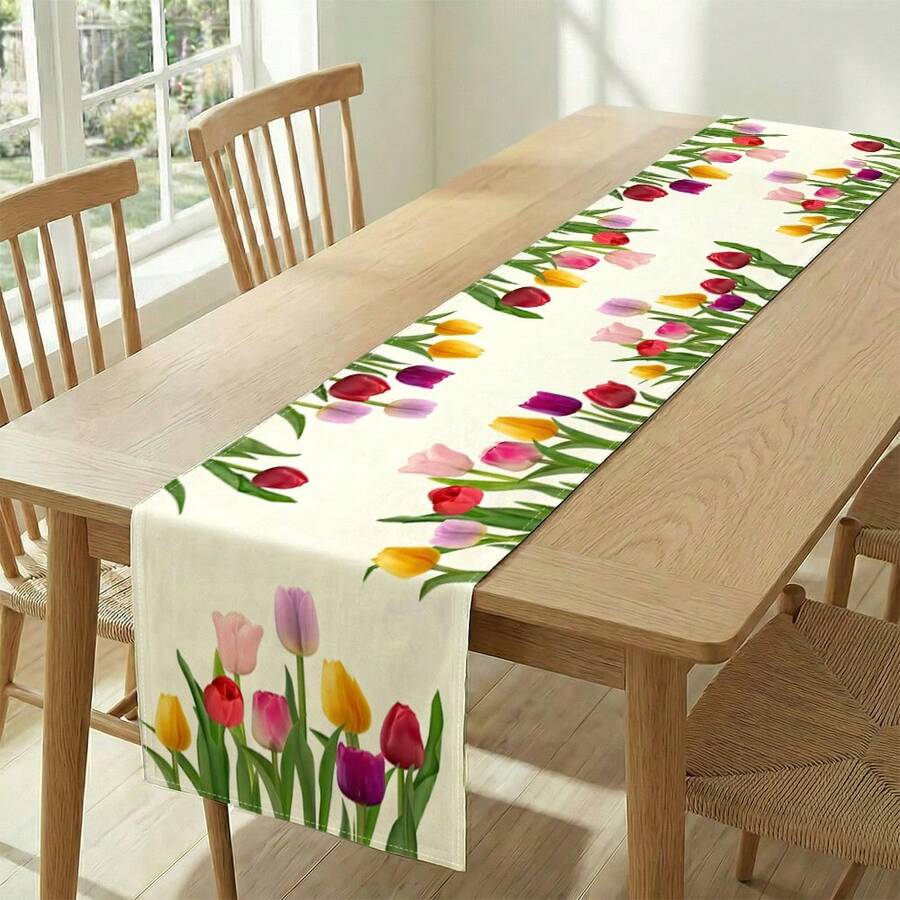 1 buah Taplak Meja Motif Bunga Tulip, Cocok untuk Liburan, Pesta, Ulang Tahun, Makan Malam, Dekorasi Meja Restoran, Semua Musim, Dekorasi Rumah - MultiWarna - View 1