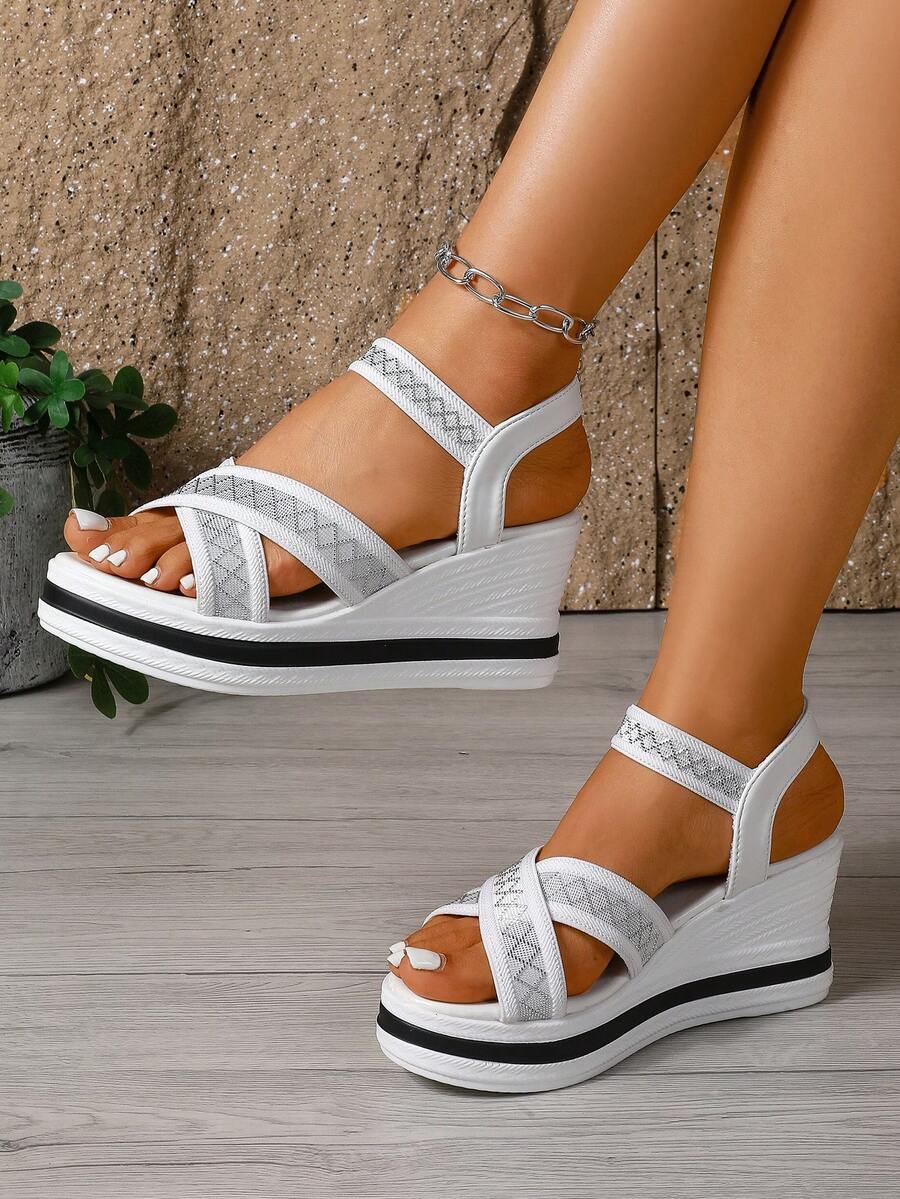 Women's White Shiny Criss-Cross Strap Thick-Soled Lightweight Sandals, Elastic Band For Easy Wear, Open Toe Design For Breathability, Suitable For Multiple Occasions, Summer Outdoor Preferred Sandals - White - View 1