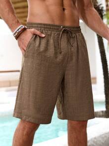 Men's Solid Color Elastic Waist Drawstring Casual Textured Fabric Summer Shorts - Brown - View 3