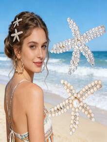 2 pièces Pinces à cheveux avec étoile de mer en cristal et perle, coiffe de style luxueux, accessoire de coiffure pour mariée pour la saison des mariages, également adapté pour un port quotidien, décoration de coiffure pour vacances à la plage, accessoire capillaire polyvalent et haut de gamme - multicolore - Voir 1
