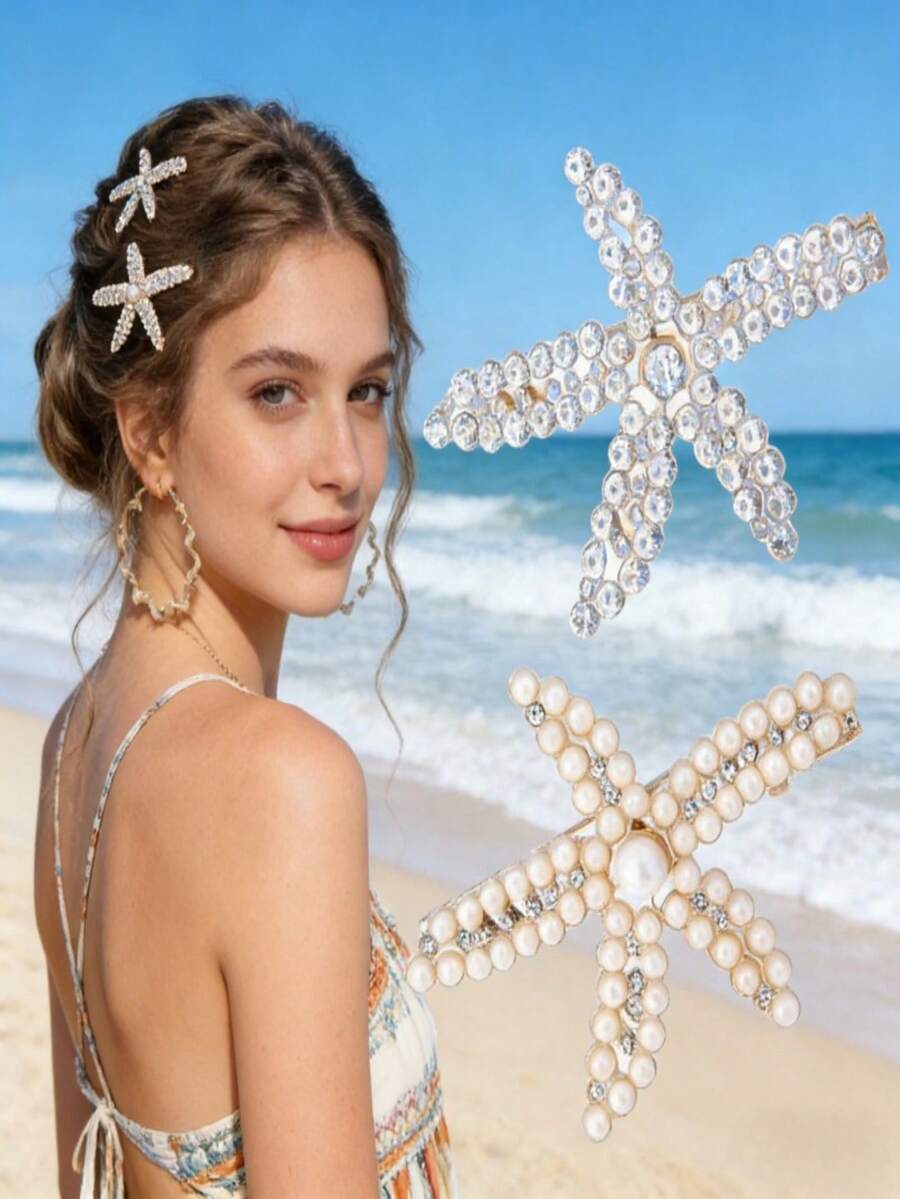 2 pièces Pinces à cheveux avec étoile de mer en cristal et perle, coiffe de style luxueux, accessoire de coiffure pour mariée pour la saison des mariages, également adapté pour un port quotidien, décoration de coiffure pour vacances à la plage, accessoire capillaire polyvalent et haut de gamme - multicolore - Voir 1