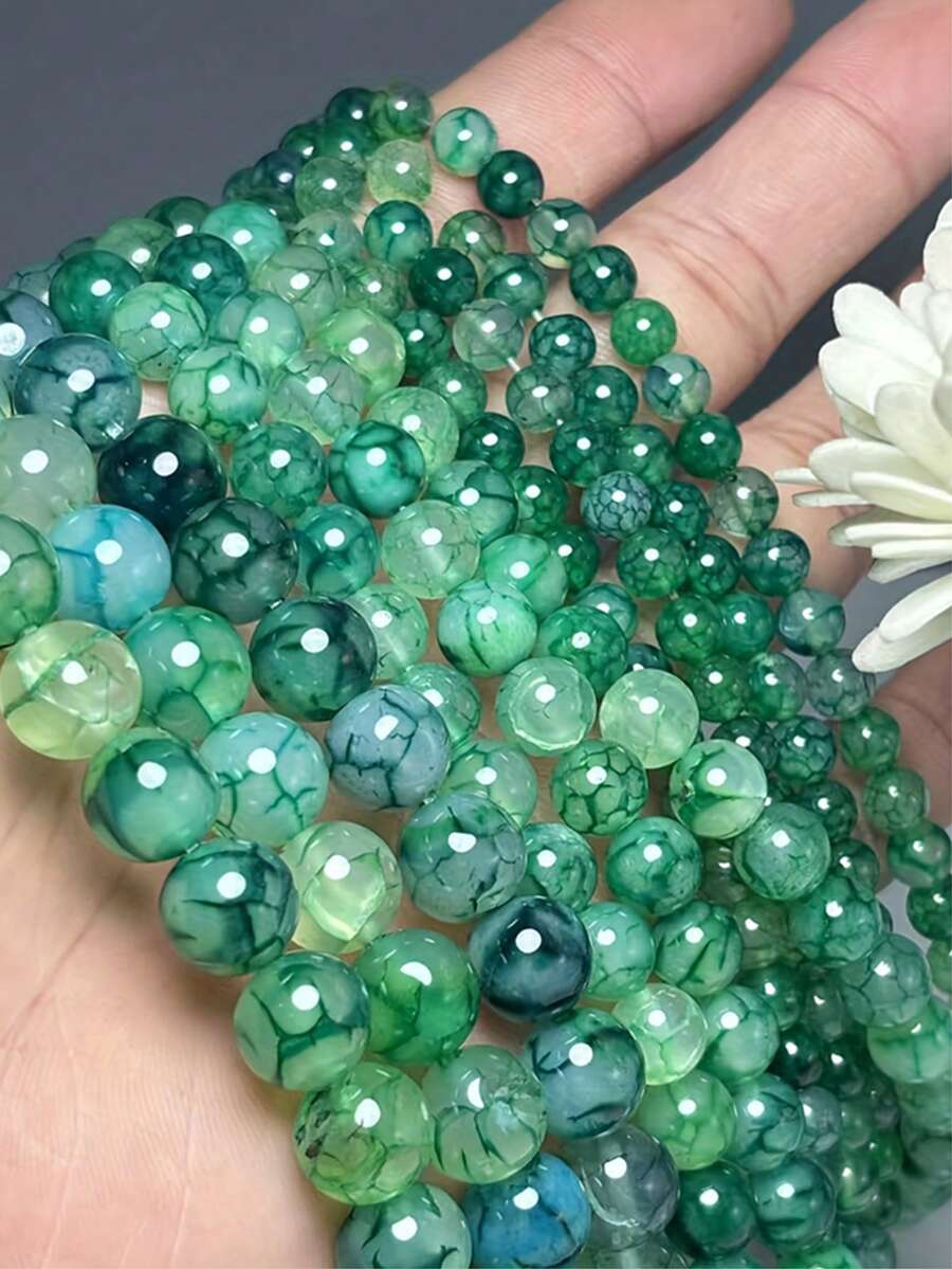 6/8/10mm 绿色龙纹玛瑙珠子圆形散珠,用于珠宝制作 DIY 项链手链配件。 - 彩色 - 查看 1
