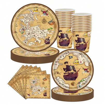 Bộ đồ dùng tiệc cướp biển OMZSXK cho 10 khách, đĩa tiệc cướp biển, bộ đồ dùng sinh nhật, đĩa giấy, cốc và khăn ăn hình tàu cướp biển, đồ trang trí sinh nhật cướp biển cho bé trai và bé gái.