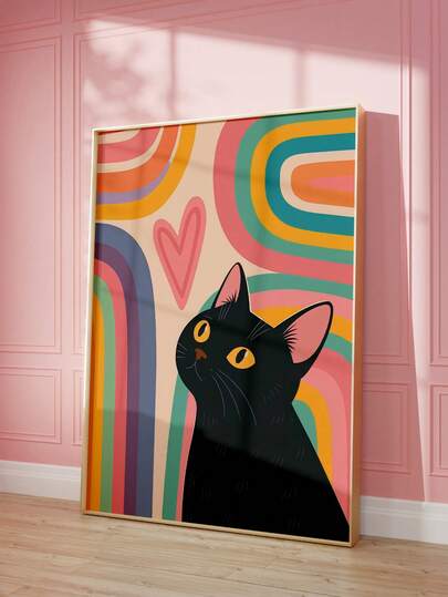 1 pezzo Quadro da parete in tela senza cornice con cuore arcobaleno e gatto nero - Decorazione animale fantasiosa per camera da letto, dormitorio, appartamento, ufficio domestico, aula, decorazione per la stanza, stampe per pareti, poster, decorazione vintage e scelta regalo ideale