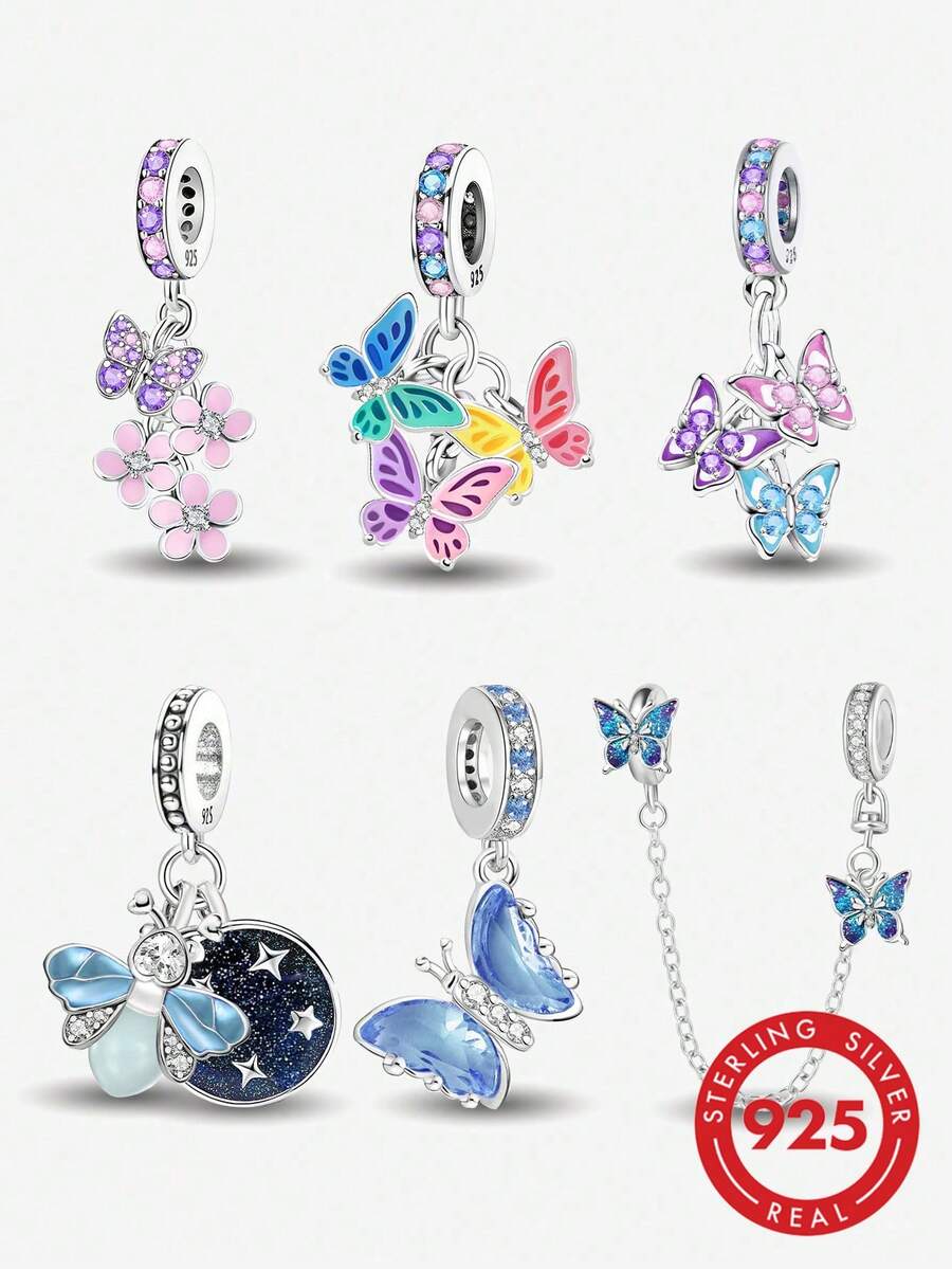 1pc 925 Sterling Silver Fashion Gentleman Insect Butterfly Diamond Pearl, Suitable For Women Bracelet, Bangle, DIY Jewelry Making And Daily Accessories, Suitable For Girls - Silver - View 1