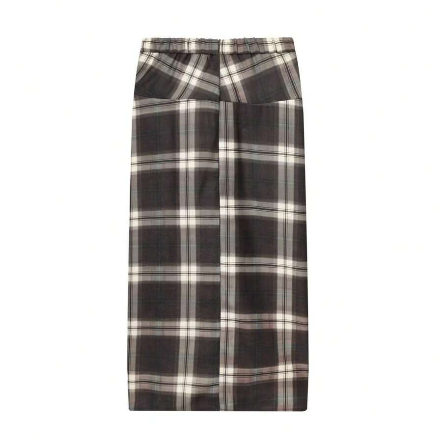 Women's French Style High Waist Plaid Midi Skirt, Draped Asymmetrical Hem Slim Fit Skirt, Color Block Design, Casual Versatile Plaid Skirt - Multicolor - View 1