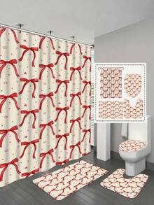 1/4pcs Red Ribbon Bow Pattern Bathroom 4-Piece Set, Including Shower Curtain, Bath Mat, Toilet Lid Cover, And U-Shaped Mat - A - View 3