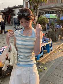 女士蓝色条纹露肩短袖T恤，修身短款垂褶领口上衣，夏季必备 - 藍色 - 查看 1
