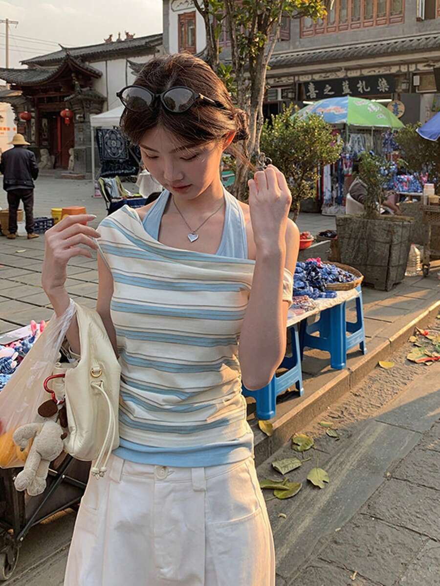 女士蓝色条纹露肩短袖T恤,修身短款垂褶领口上衣,夏季必备 - 藍色 - 查看 1