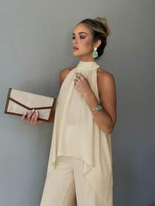 Women's 2-Piece Set, Elegant Solid Color Front Short Back Long Twist Halter Neck Top And Long Pants, Suitable For Party, Vacation, Street, And Dating In Spring/Summer - Apricot - View 5