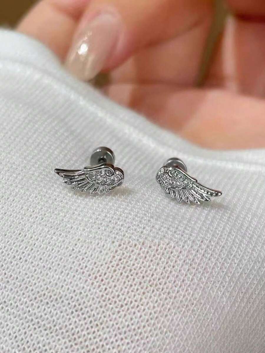 1 Pair New Sweet & Spicy Angel Wing Rhinestone Earrings, Minimalist Petite Delicate Jewelry, Suitable For Daily, Gathering, Date, Party Wear, Perfect Gift For Friends - Silver - View 1