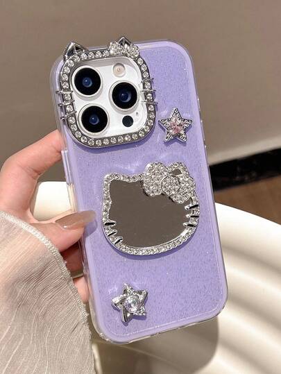 SANRIO 1 chiếc ốp lưng điện thoại hình mèo KT lấp lấp lánh có gương trang điểm, phù hợp với 11-17 Pro Max