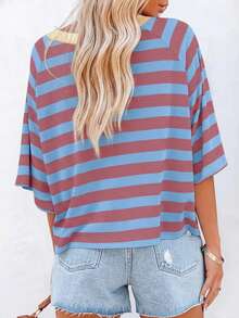 Minimalist Striped Round Neck Loose Short Sleeve T-Shirt For Women, Suitable For Summer Wear, Oversized Tee Casual - Redwood - View 3