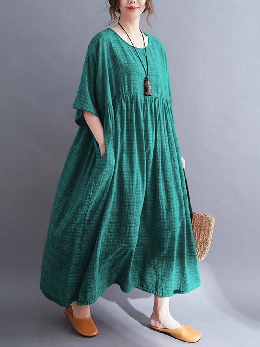 AZAH 萬聖節優雅舞會女款夏季休閒格紋A字長洋裝,優雅波希米亞風圓領設計,夏季度假必備休閒長裙,內穿睡衣 - 綠色 - 查看 1