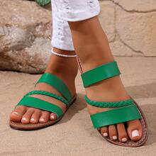 Women's Solid Color Fashion Slippers, Woven Lightweight Flat Sandals, Comfortable Beach Slippers - Green - View 8