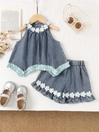 Bộ 2 món đồ denim dễ thương, thanh lịch dành cho bé gái, thích hợp mặc mùa hè.