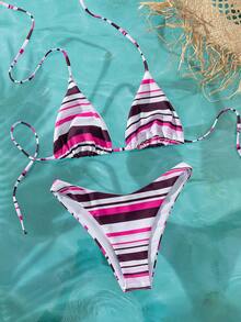 Onefish Pink & Burgundy Striped Triangle Bikini Set, Tie Neck, Adjustable Back, Sliding Triangle Cups, Removable Padding, Soft Stretchy Fabric, Multicolor Striped Pattern, Pink, Burgundy & White Contrast Colors, 2-Piece Swimwear Vacation Beach Summer - Purple - View 3