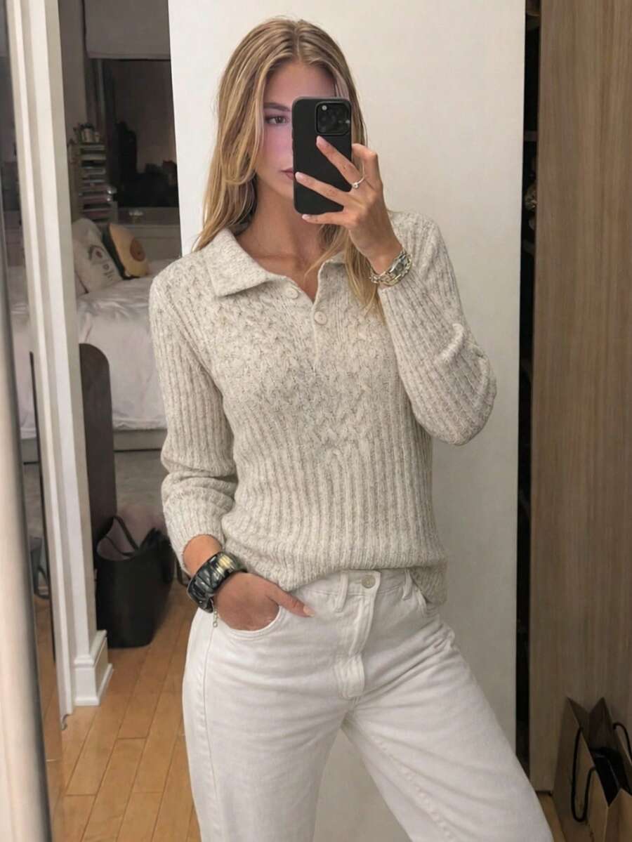 Women's Winter Knit Sweater, Long Sleeve, Ribbed, Polo Collar, Buttons, Mousse, Braided Detail - 白色 - View 1