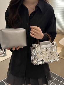 Bộ 2 túi xách đính sequin, túi đeo vai và đeo chéo thời trang cho tiệc tối. - Bạc - Xem 2