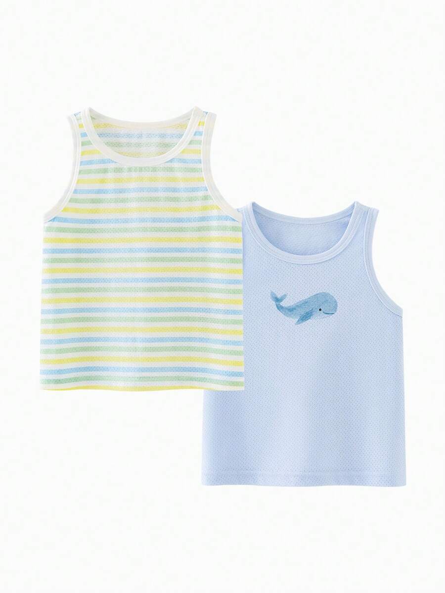 mini bala Bộ đồ hai mảnh gồm áo tank top cotton cho trẻ em, chất liệu lưới thoáng khí, lấy cảm hứng từ đại dương, kiểu dáng mùa hè 2026, mềm mại và thoải mái, thích hợp mặc hàng ngày. - hồng xanh - Xem 1