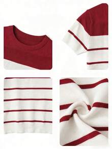 Teen Boys Classic Burgundy And White Striped All-Match Knit Top, Casual Short Sleeve Knit Pullover, Suitable For Everyday Versatile Style - Multicolor - View 5