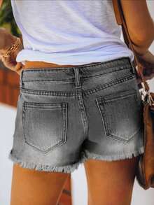 Fashionable Casual Vacation Style Washed Frayed Distressed Loose Denim Shorts For Women Summer - Light Grey - View 6