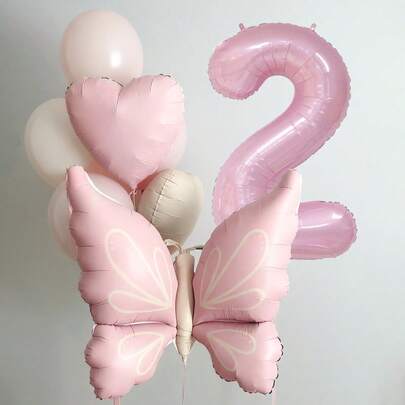 8pcs Matte Pink Butterfly Balloon Set, 40-Inch Pink 0-9 Number Foil Balloons, Large Butterfly Shaped Balloons, 18-Inch Heart Balloons, Macaron Orange Latex Balloons, Suitable For Birthday Party, Baby Shower Decoration
