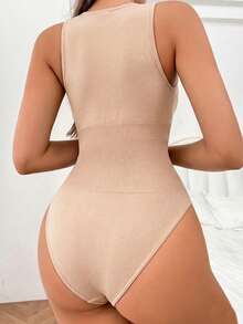 黑色纯棉无袖塑身连体衣，提拉腰腹，春季必备 - 杏色 - 查看 2