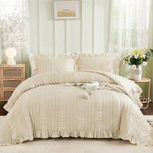 3 Piece Comforter Set Twin,Full,Queen,King,Beige Textured Bedding Set With 1 Ruffle Comforter, 2 Tufted Pillowcases,Wedding Items,Valentines Day Home Bed Room Decor,Christmas Day Gift,All Season - Beige - View 20