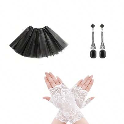 Bộ đồ mùa hè phong cách Gothic 3 món dành cho nữ: Găng tay ren + Khuyên tai mặt dây chuyền, thích hợp cho các bữa tiệc Gothic, Halloween, Cosplay, các sự kiện theo chủ đề retro hoặc lễ hội. Thiết kế nhẹ nhàng và thời trang, pha trộn giữa sự lãng mạn bí ẩn và nét quyến rũ tinh nghịch.
