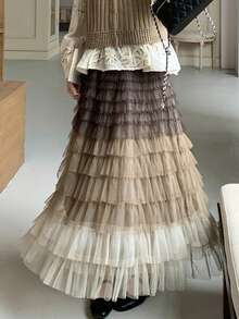 European Fashion New Design High Waist Fitted Multi-Layered Mesh Patchwork Midi Skirt Summer - Coffee Brown - View 8
