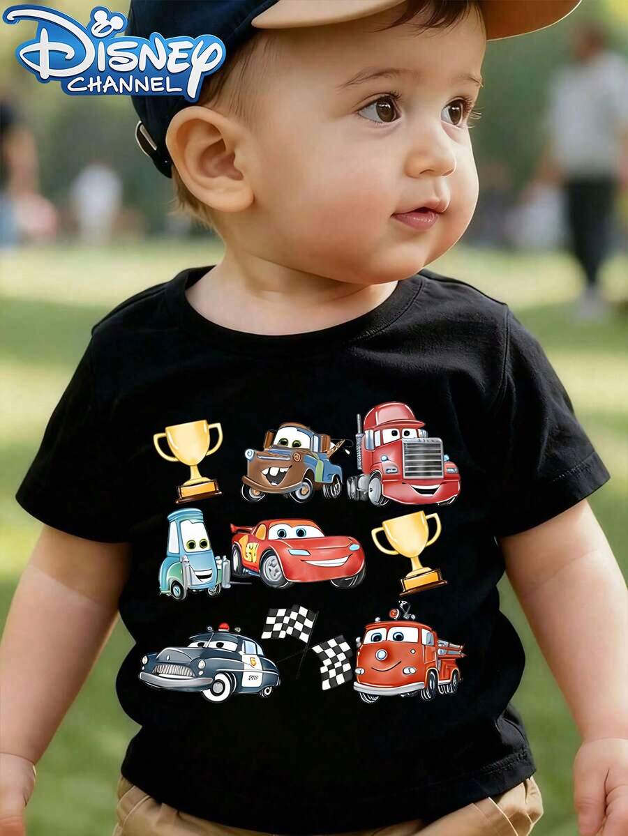 Disney-Licensed Casual And Simple Round-Neck Short-Sleeve T-Shirt Printed With Cars Lightning McQueen, Mack, Sally, And Other Racing Car Patterns, Specially Designed For Infants And Toddlers, Suitable For Both Boys And Girls, And An Ideal Choice For Summer Wear. - màu đen - Xem 1