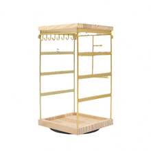 Rotating Square Wooden Desktop Stand With Iron And Wood Base For Storing And Organizing Earrings. - Apricot - View 1