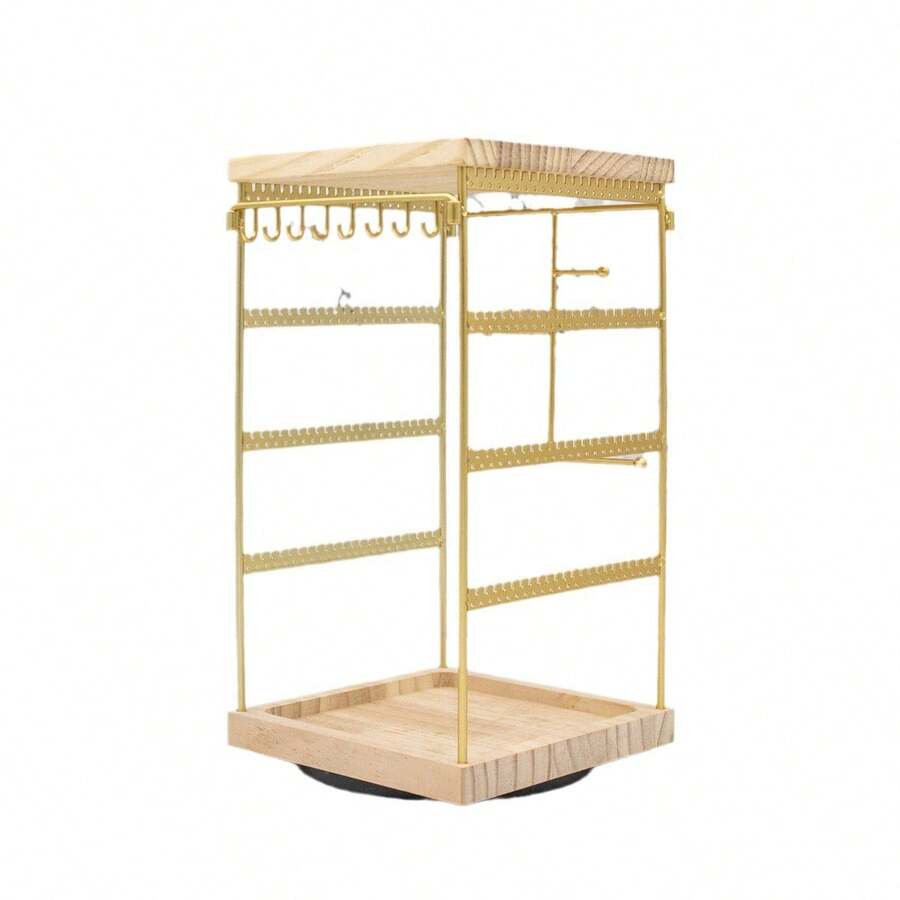 Rotating Square Wooden Desktop Stand With Iron And Wood Base For Storing And Organizing Earrings. - Apricot - View 1
