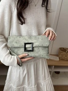 优雅法式风格纯色简约复古女士手拿包，配金属椭圆形搭扣和流苏装饰，适合晚宴、派对等场合。 - 0.霧綠 - 查看 3