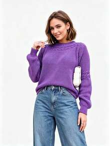 steve store moda feminina trico blusa manga longa  com tranca moda outono e  inverno - roxo médio - Visão 1