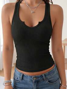Women's Solid Ribbed Casual Daily Tank Top - Black Regular Fit Fashionable Sexy Diamond Lace-Up Sleeveless Camisole With Non-Removable Padding - Black - View 3