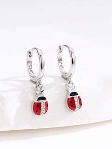 1 Pair Fashionable & Quality Cute Red Ladybug 925 Sterling Silver Cubic Zirconia Pendant Earrings For Women, Party & Banquet - Silver - View 2