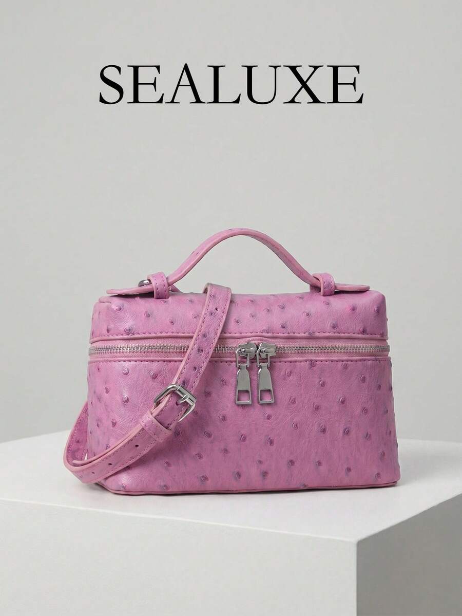 1pc Pink Animal Print PU Leather Square Handbag, Featuring Double Zipper Design, Adjustable Shoulder Strap, Sweet & Fashionable, Suitable For Daily Wear And Shopping - Pink - View 1