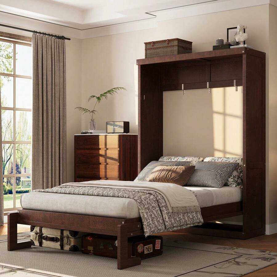 MERAX Twin Murphy Bed Cabinet, Farmhouse Hideaway Murphy Cabinet Bed, Wood Hidden Wall Bed Frame Space-Saving For Home Office Small Room, Can Be Folded Into A Cabinet, Espresso - Twin Size-Espresso - View 1