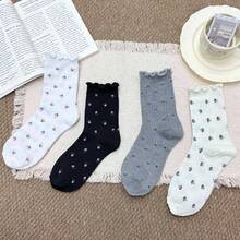 4 pares de calcetines de media caña con estampado floral retro para mujeres, con volantes en el dobladillo, aptos para uso diario - Multicolor - Ver 6