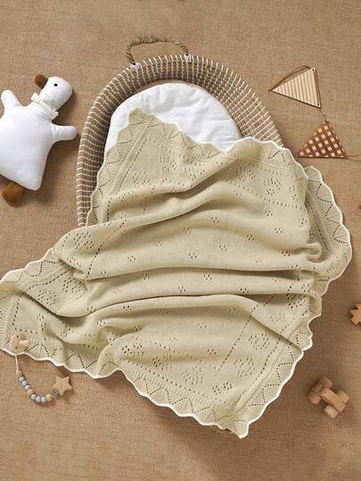 1 pièce Couverture bébé tricotée avec texture perforée + bordure ondulée contrastante, couverture douce pour enfants pour toutes les saisons