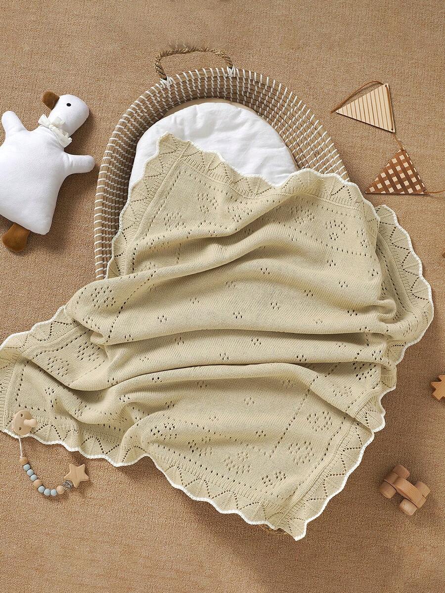 1 buah Selimut Bayi Rajut dengan Tekstur Berlubang + Trim Bergelombang Kontras, Selimut Anak yang Lembut untuk Semua Musim - Krem - View 1