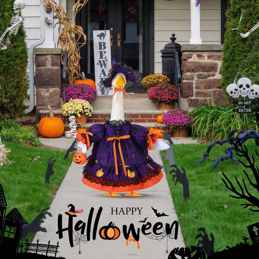 Halloween Porch Goose Outfit, Witch Themed Goose Costume With Dress, Witch Hat  Pumpkin Bag, Cute Porch Goose Clothes For 23Inch Lawn Goose, Halloween Front Porch Decor, Holiday Party Decoration - 多色 - 查看 1
