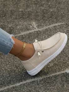 Women's Loafers, Casual Holiday Style, Four Seasons Style, Indoor And Outdoor, Solid Color Pattern, Versatile, Light And Comfortable, Round Toe, Elastic Laces, Easy To Put On And Take Off Flat Shoes - 米色 - 查看 5